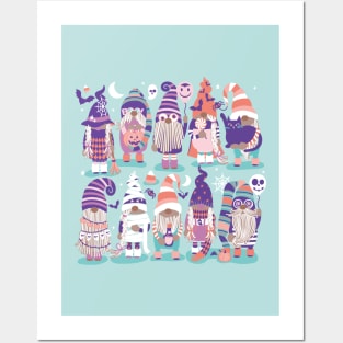 Boo-tiful gnomes // aqua background fun little creatures dressed for halloween in pastel colors lilac pink mint aqua purple salmon Posters and Art